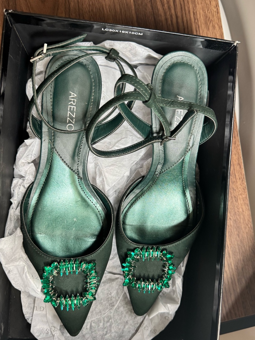Arezzo Emerald Green Jeweled Pointed-Toe Ankle-Strap Heels